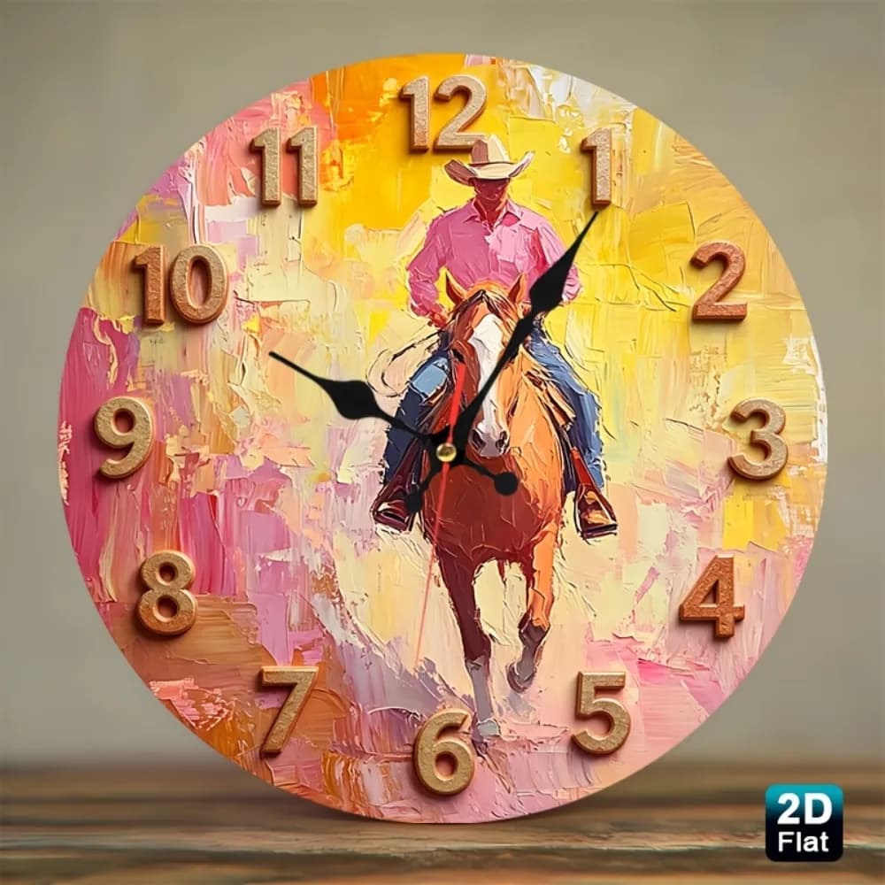 2D Flat 1pc Impasto Cowboy Horse Nursery Wall Clock 12 Inch Silent Non Ticking, Perfect for Kitchen, Classroom, Office, Home, Sc