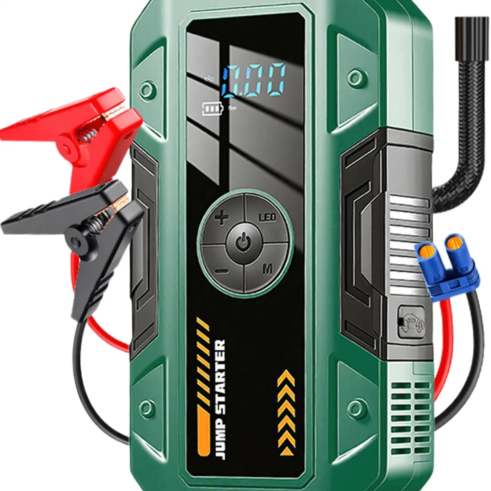 Avviatore di emergenza per auto 2 in 1 con luce, display digitale, pompa d'aria resistente alle intemperie, per auto, moto e pneumatici.