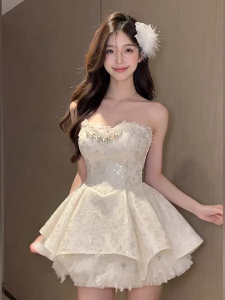 SYJ Shuyijia Heavy Embellished Diamond Bustier Dress Women's Waist Cinched Slimming Fluffy Princess Skirt Elegant Style