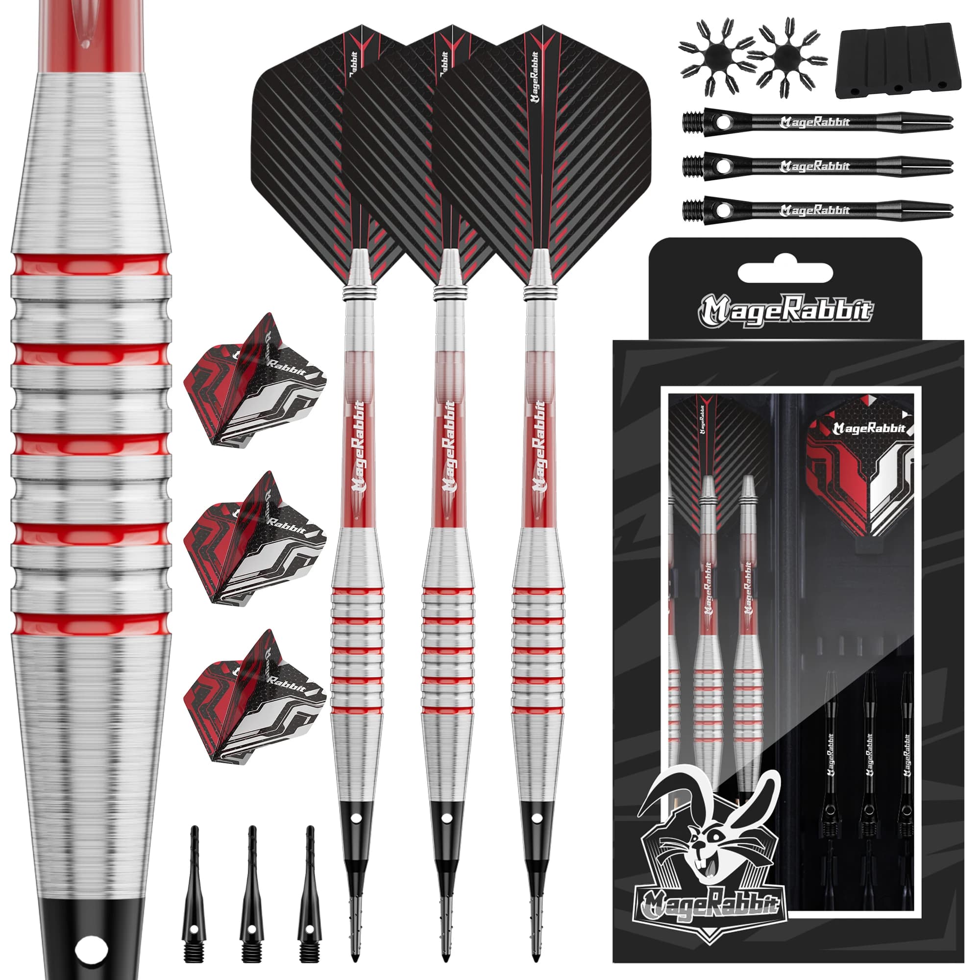 MageRabbit Professional Set da 3 freccette con punta in acciaio da 18 g con steli per freccette + 3 pezzi di asta in alluminio