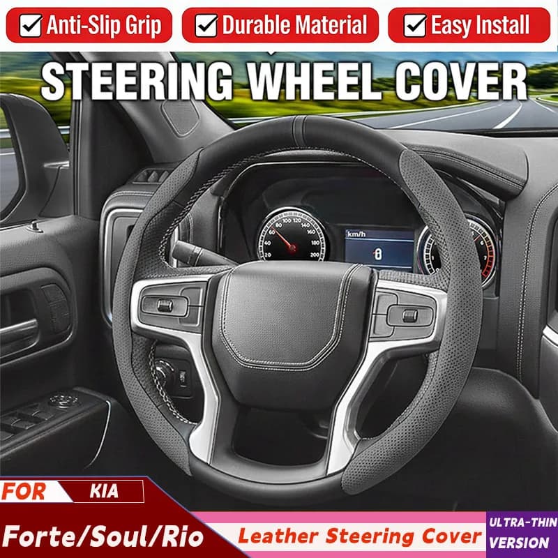 2 Pieces Leather Cover Car Steering Wheel, Decorative Accessories for Kia Forte Soul Rio 2009-2021, Supplies for Tuning Auto