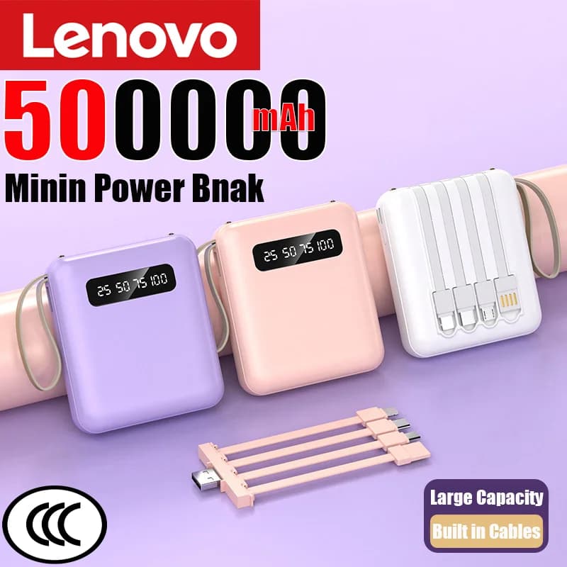 Lenovo 500000mAh Mini Power Bank Built in 4 Cables Portable Fast Charging Digital Display External Battery for IOS/Android NEW