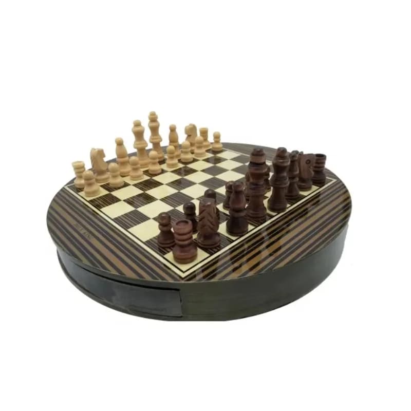 Set di Scacchi con Altezza Pezzi 4,6 Cm, Scacchiera Rotonda in Legno con Cassetto, Giochi da Tavolo