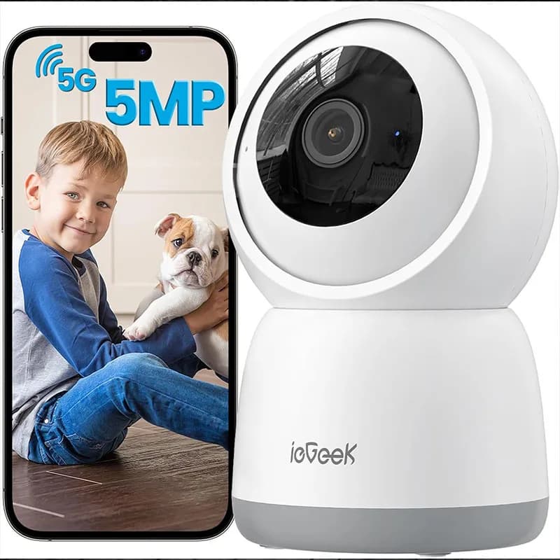 ieGeek 5 MP indoor home security camera with 2,4/5 GHz, smart WiFi camera for pets with app, plug-in night vision, 360 ° PTZ, bidirectional conversation