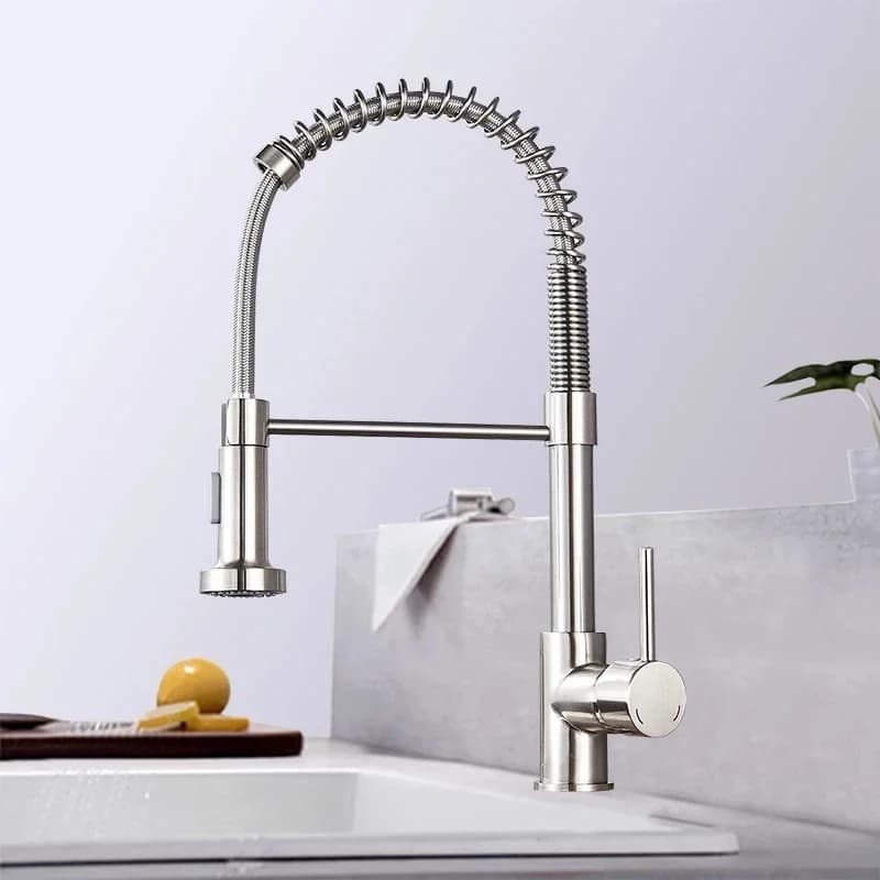 Rubinetto da cucina Spring in nichel spazzolato, miscelatore da piano con rotazione a 360 gradi, ugello spray a getto, per lavello, acqua calda e fredda