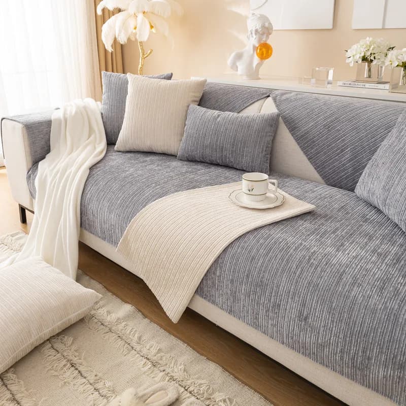 Chenille Sofa Cushion Solid Non-Slip Wear Resistant Machine Washable Cozy Couch Pad for Living Room Protector Seatcover