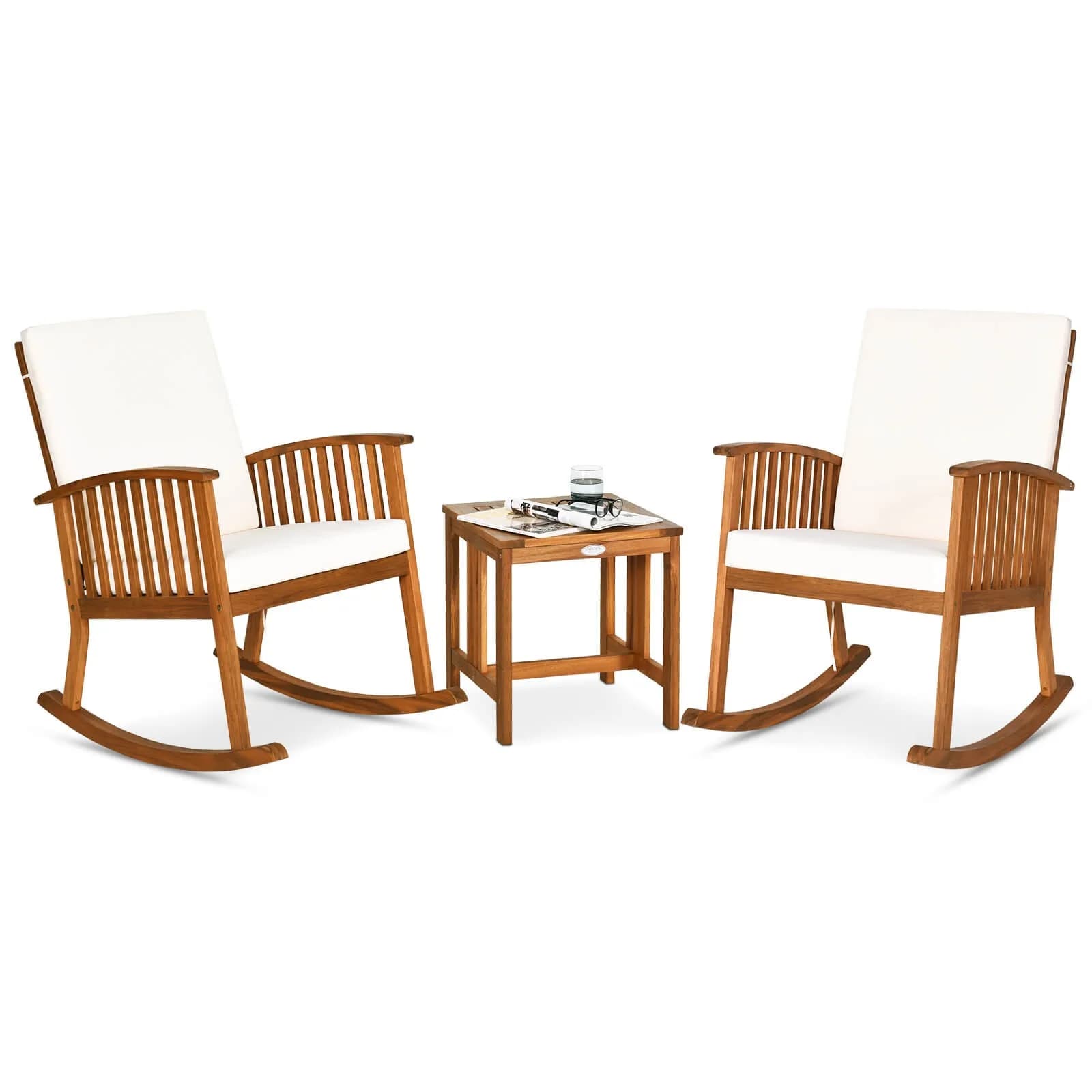 Set Bistrot a Dondolo in Legno di Acacia da 3 Pezzi con Tavolino e Cuscini per Giardino