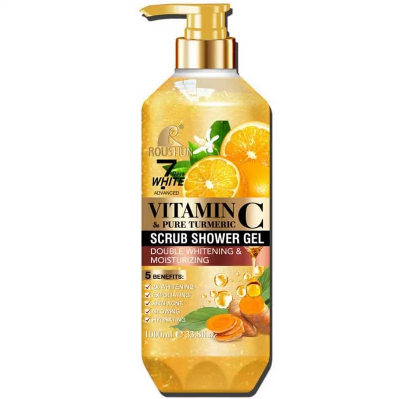 ROUSHUN Vitamin C Exfoliating Shower Gel and Curcuma Pure 1000ML, Hydrating and Perfume, Great Capacity