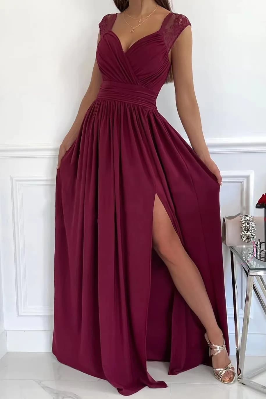 Abito Lungo Estivo Nuovo Stile Elegante Monocolore Senza Maniche con Scollo a V Profondo, Vita Stretta e Gonna Plissettata a Vita Alta