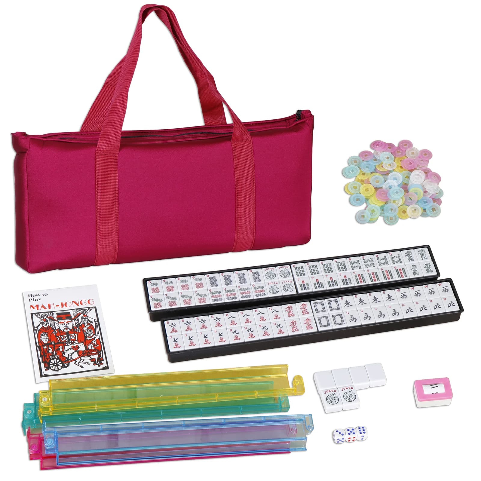 Set di Mahjong Americano Premium con 166 Tessere Bianche, 4 Colori di Spintori e Supporti