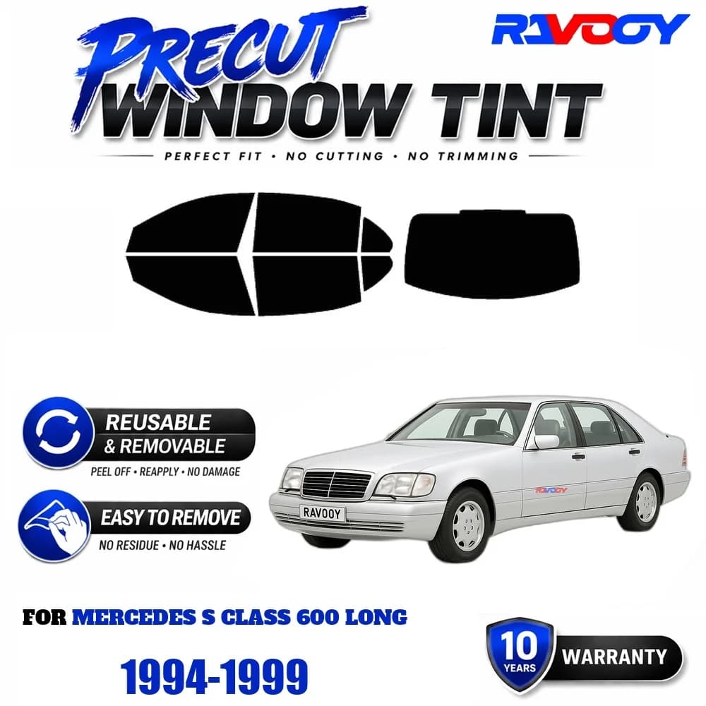 RAVOOY Precut Window Tint, Reusable Removable EPU Film, Custom Fit for Mercedes S Class 600 Long 1994-1999, UV Heat Protection