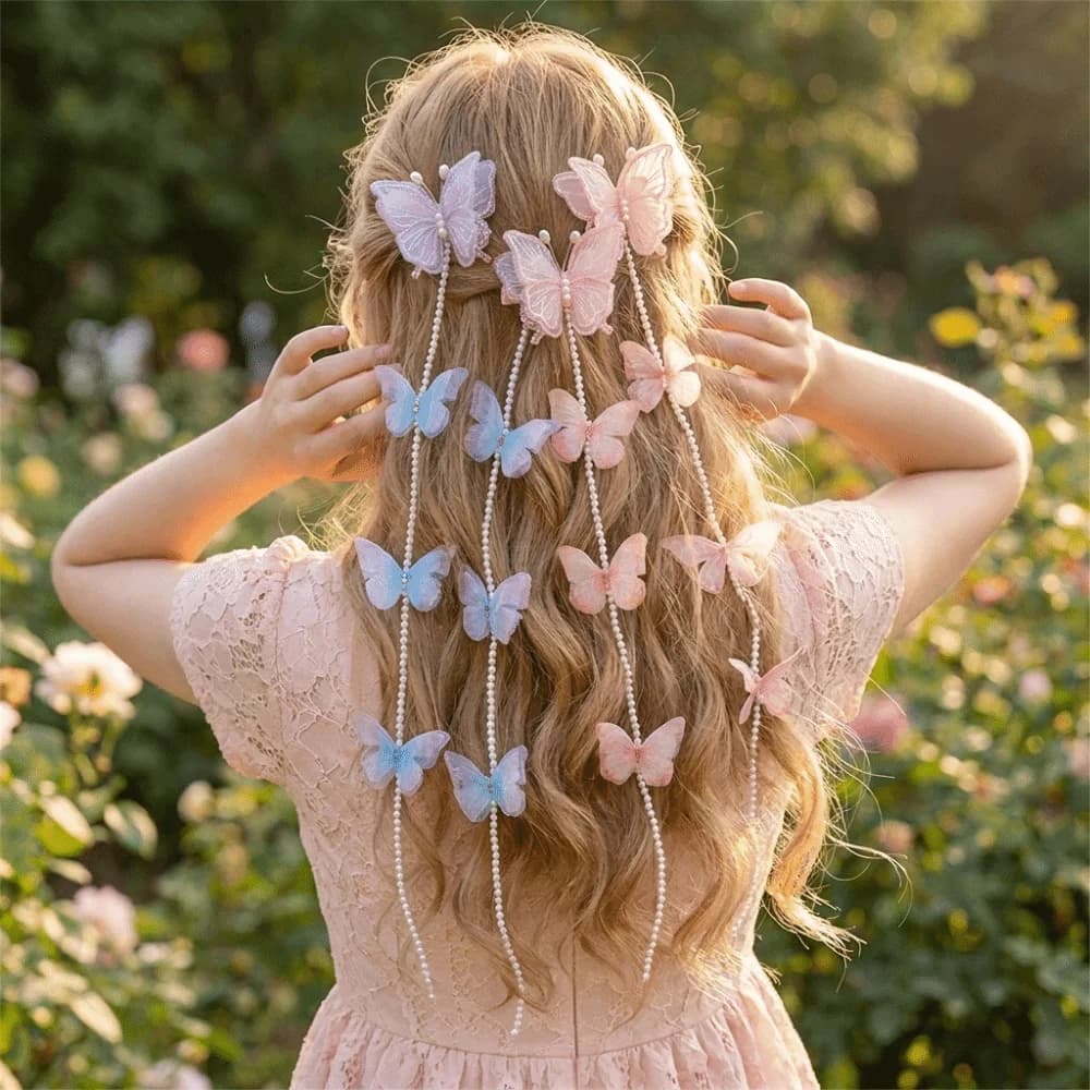 Sheer Mesh Butterfly Hair Clips Beaded Chain Multi-Color Hair Barrettes Long Tassel Ethereal Sweet Style Braided Hair Clips