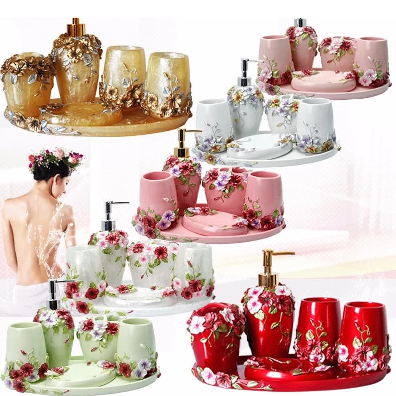 Set di accessori per il bagno in resina, bottiglia di lozione, portaspazzolino, collutorio, tazza, scatola di sapone, vassoio portaoggetti, forniture per la casa