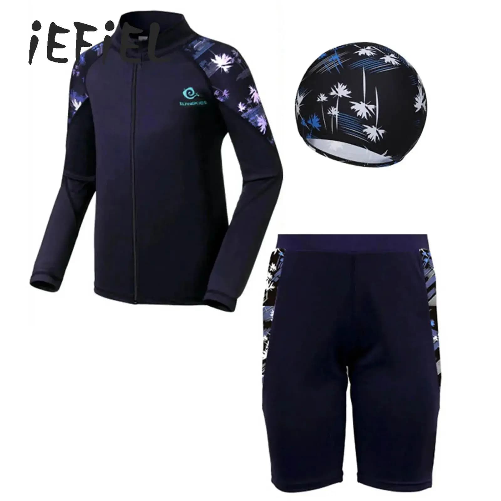Costume da bagno per bambini e ragazzi 3 pezzi Giacca da bagno a maniche lunghe Cappotto Top con pantaloncini Cuffia da bagno Completi UPF 50+ Rash Guard Costumi da bagno Abbigliamento da spiaggia