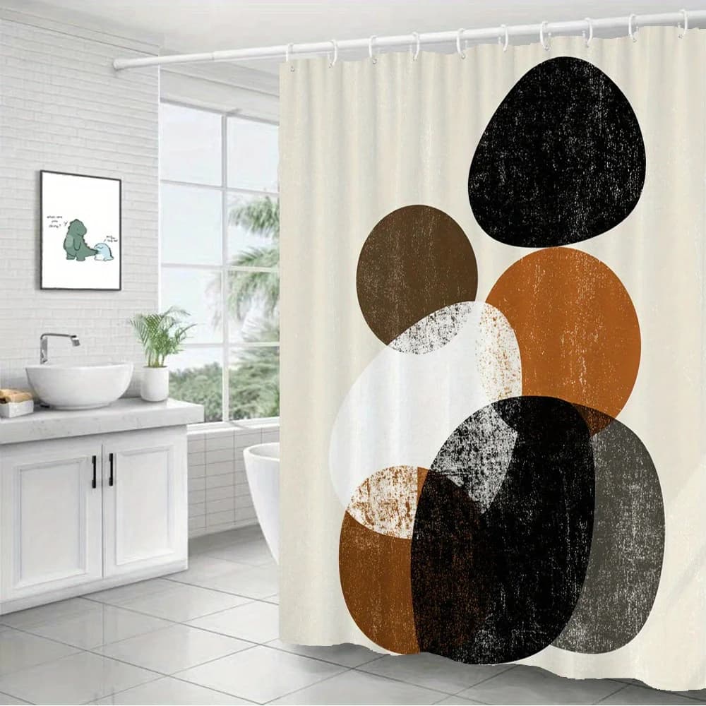 Tenda da Doccia Piatta 2D Nera Marrone Bianca con Texture Circolare Effetto Invecchiato Beige Minimalista Geometrica per Bagno con Ganci