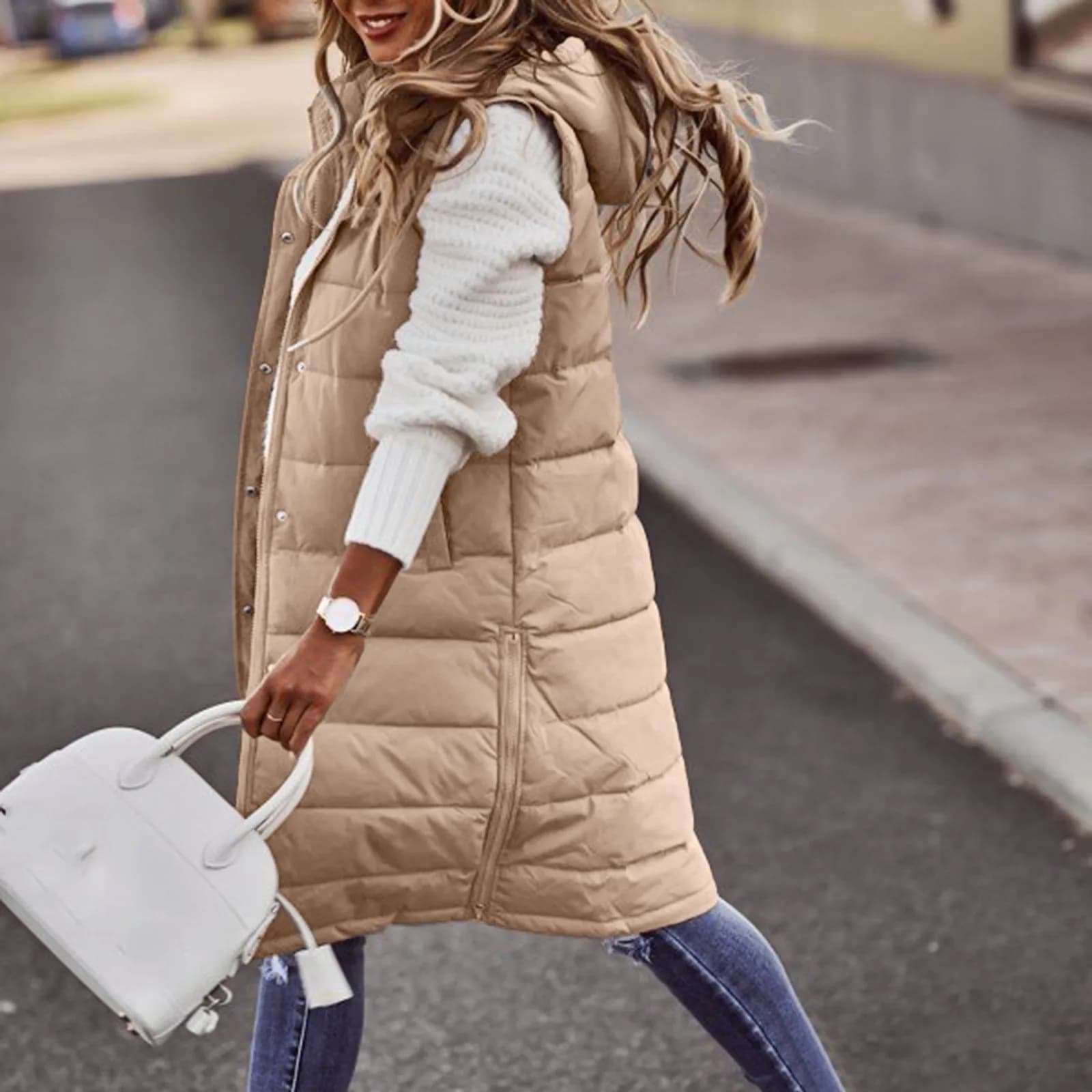 Cappotti invernali lunghi da donna Gilet con cappuccio Gilet trapuntato Piumino in cotone Cappotto caldo senza maniche con tasche Giacche da esterno S-5XL