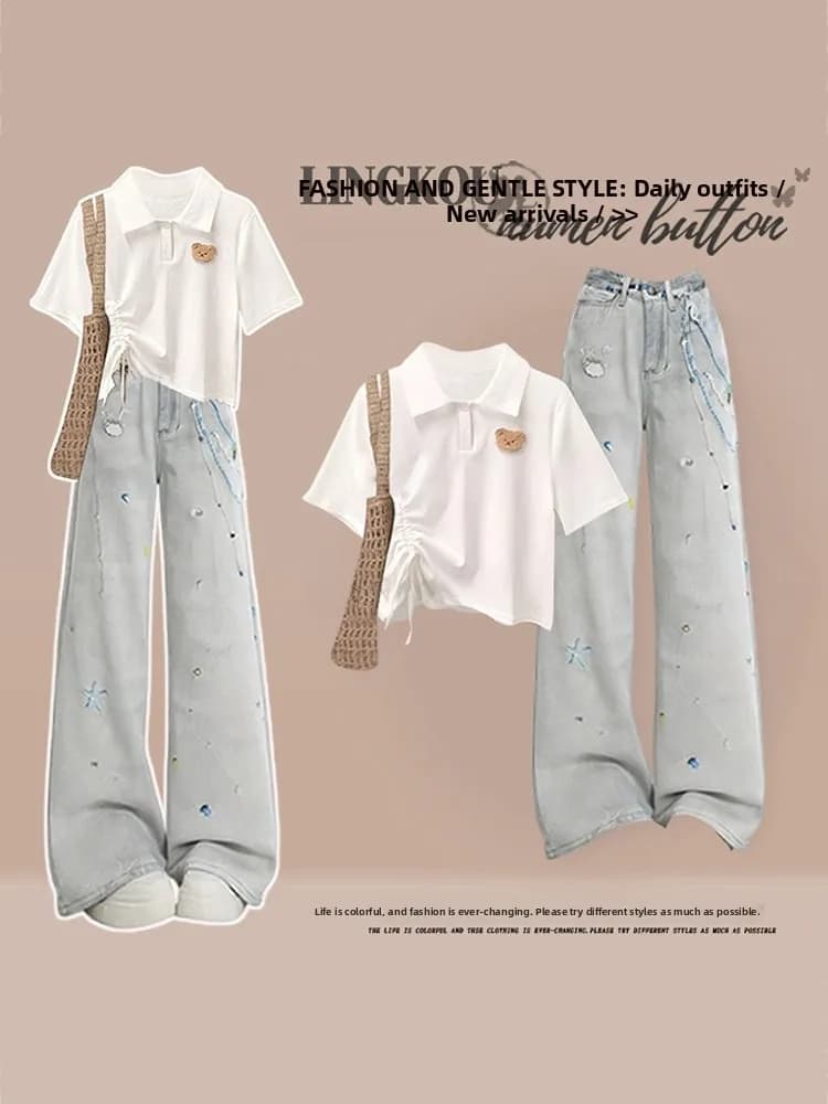 Summer Anti-Aging College Style Fashion Set Women's Collar Bear Short Sleeve Top with Retro Denim Jeans Two Piece Set