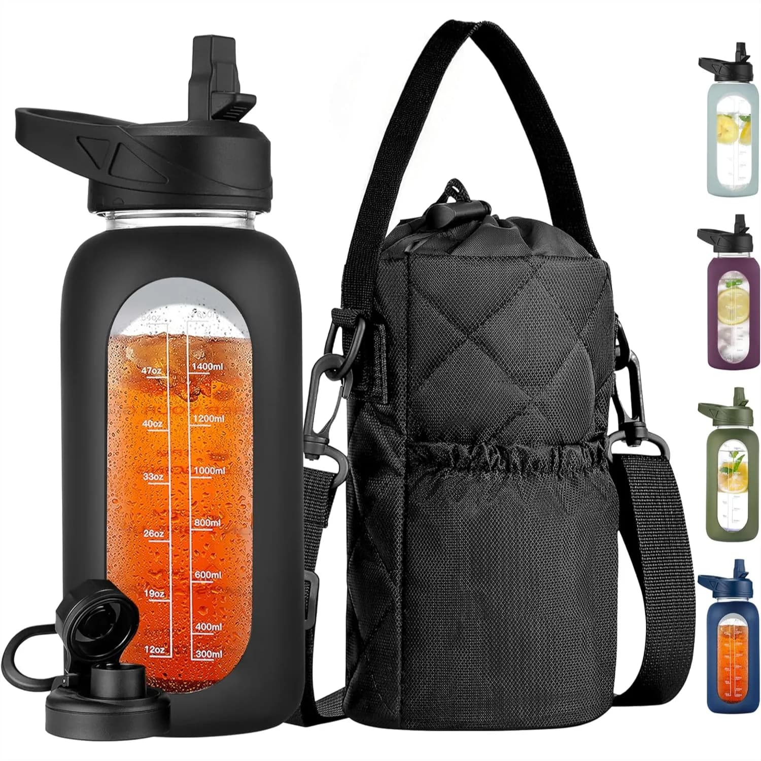 Bottiglia d'acqua in vetro da 32 oz con cannuccia, custodia isolante con tracolla, indicatore di tempo motivazionale, custodia in silicone, 2 coperchi, nera