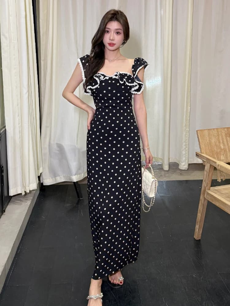 Women's Dresses Retro Dot Print Sexy Sling Square Neck Slim Maxi Long Dress Elegant Lady Fashion Party Prom Dresses Korean Robe