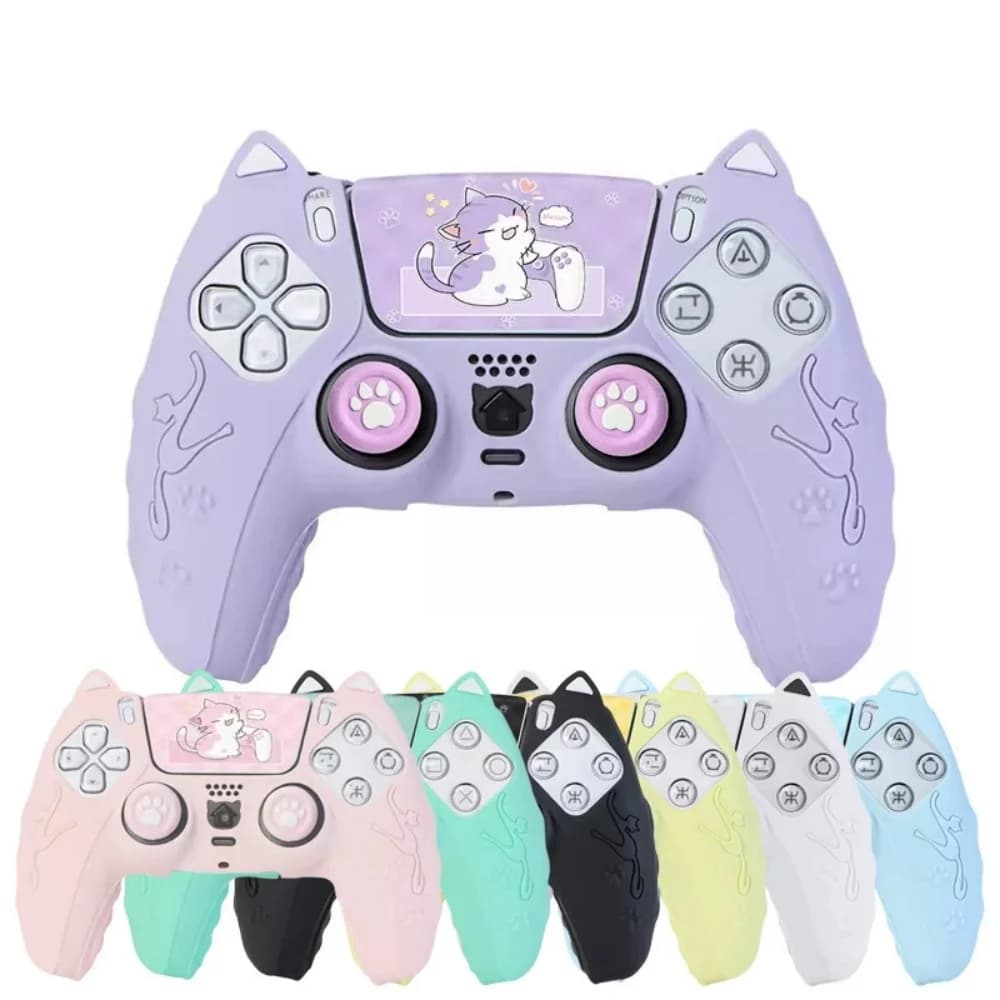 Pelle adesiva protettiva morbida in silicone per gatto adorabile per custodia per controller Playstation 5 PS5 Custodia per cappuccio con impugnatura per pollice Custodia in silicone