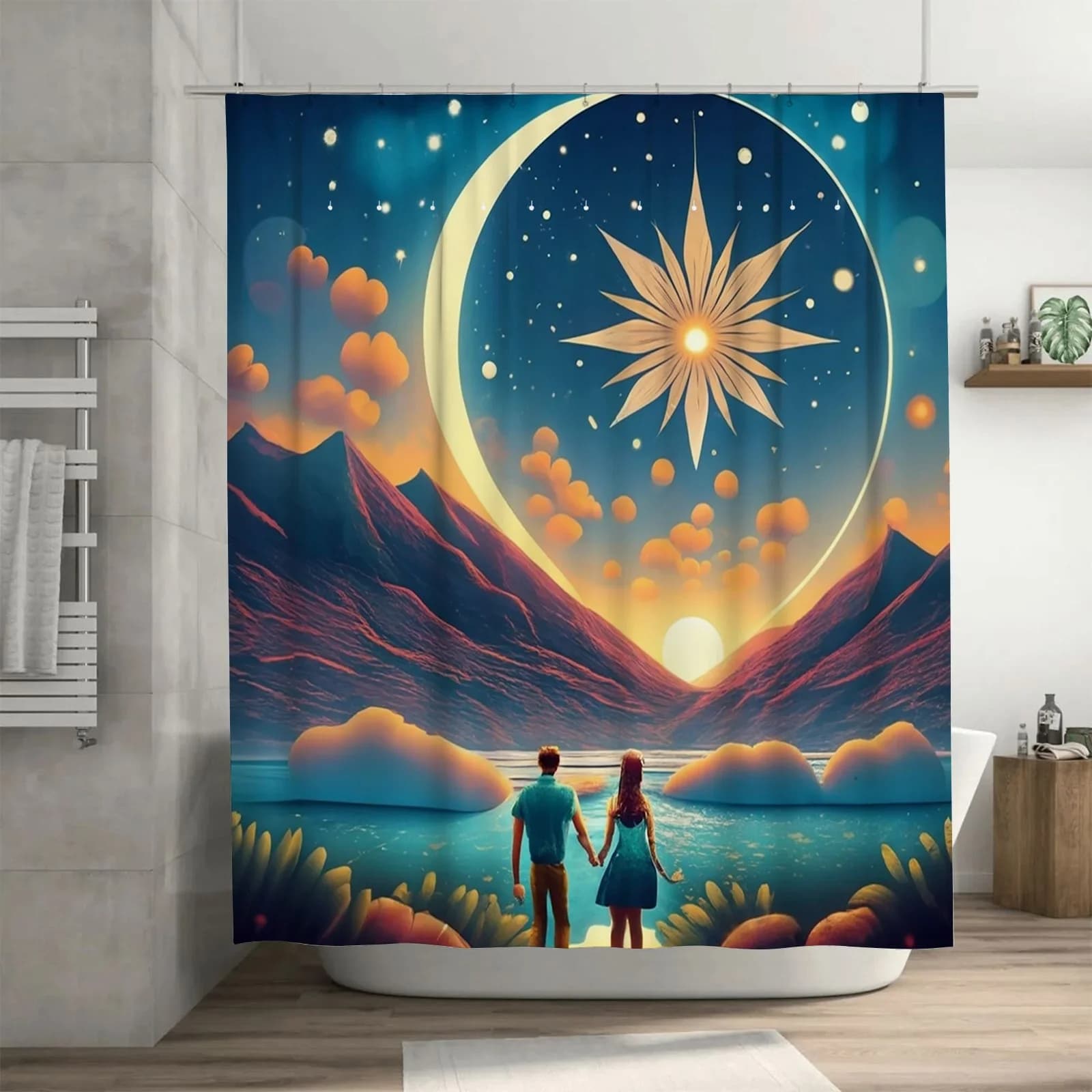 Tenda da doccia romantica notte stellata: coppia sotto la luna e le stelle, impermeabile e resistente alla muffa per l'arredamento del bagno