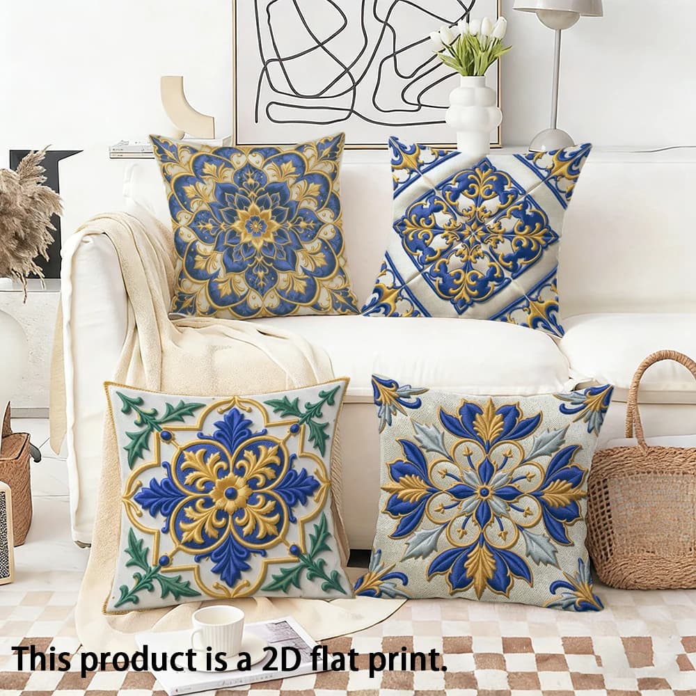 1/4 pezzi di squisite fodere per cuscini con motivi blu e oro, copricuscino per divano letto, decorazione per la casa e la camera da letto, stampa piatta 2D