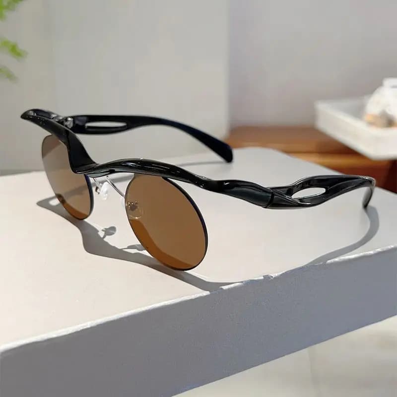 Nuovi Occhiali da Sole alla Moda con Montatura a Mezza Cornice, Personalizzati, Stile Alien, Montatura Rotonda, per Donna