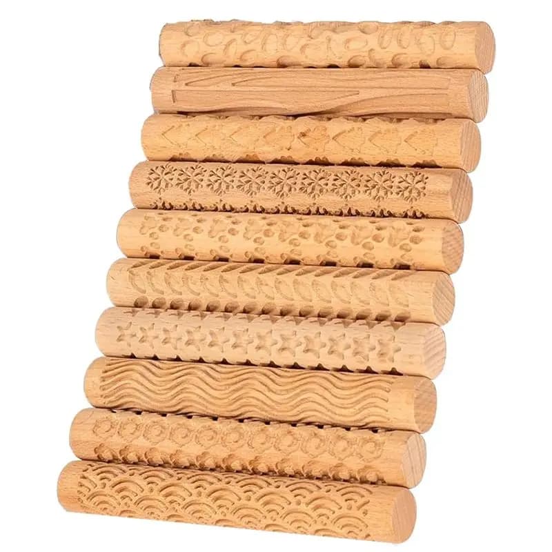ABSE-10 Pcs Wooden Clay Texture Roller Set For Pottery And Ceramics, Modeling Texture Rolling Pin Stencil Board Stamps