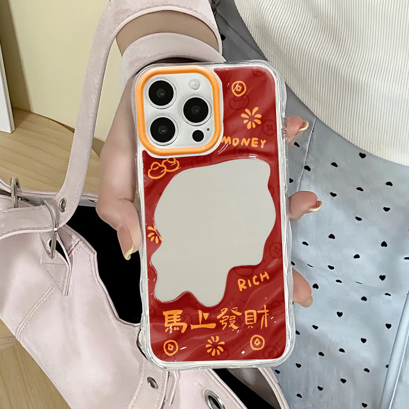 Festive Chinese Lucky Wealth Mirror Phone Cover, Clear Wavy All-in Yellow Camera Frame TPU Case for All iPhone 11-17 Series