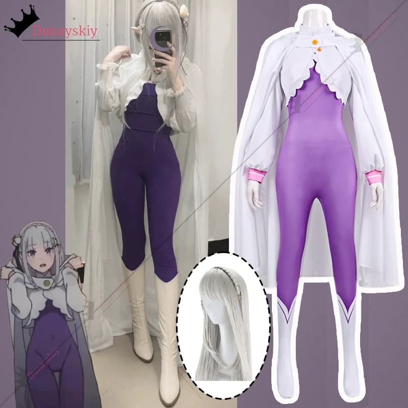 Costume Cosplay Emilia, Body Aderente con Set Mantello, Outfit per Roleplay del Personaggio Anime RE0 4, Abito per Festa a Tema Halloween