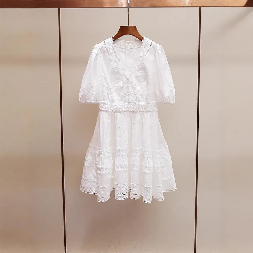 High-End Summer New White Lace Embroidery Hollow A-Line V-Neck Women's Dress High Waist Knitted Composite Fabric Regular Thic...