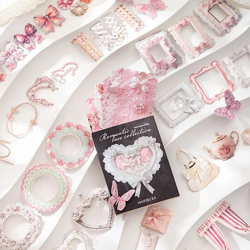 Mr.Paper 100pcs Romantic Lace Collection Sticker Set, Floral Lace Theme Decals for Wedding Invitation Scrapbooking Vintage Style