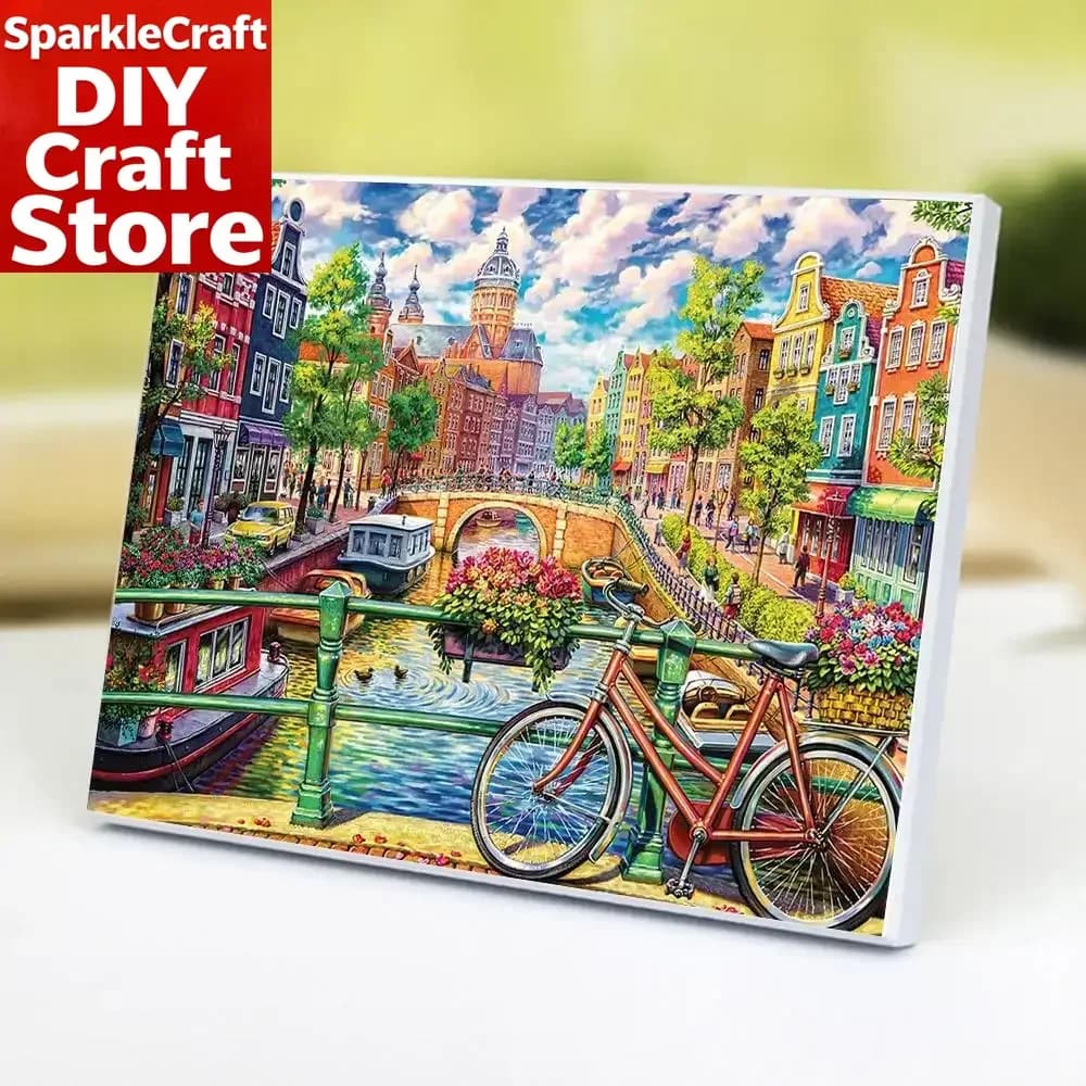 1 pz. Pittura Diamantata 5D Fai da Te Senza Cornice, Paesaggio Urbano, Ricamo Diamantato Completo, Decorazione Casa, Sconto, Bicicletta, Pittura Diamantata