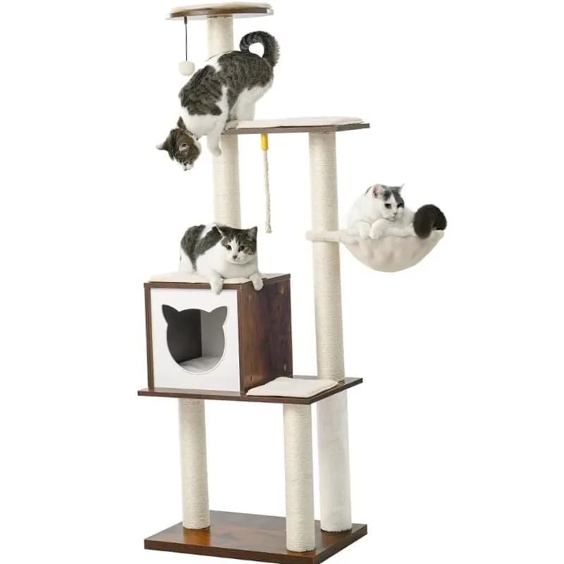 Moderno albero per gatti in legno alto 65 pollici, condominio per interni con amaca, tiragraffi, cuscinetti rimovibili, letto per gatti marroni piccoli e grandi