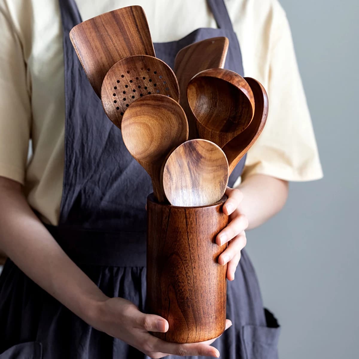 Set di Utensili da Cucina in Legno, Set di Spatole e Cucchiai per Uso Domestico, Cucchiaio per Insalata, Forchetta, Cucchiaio per Mescolare, Set da Cucina con Contenitore