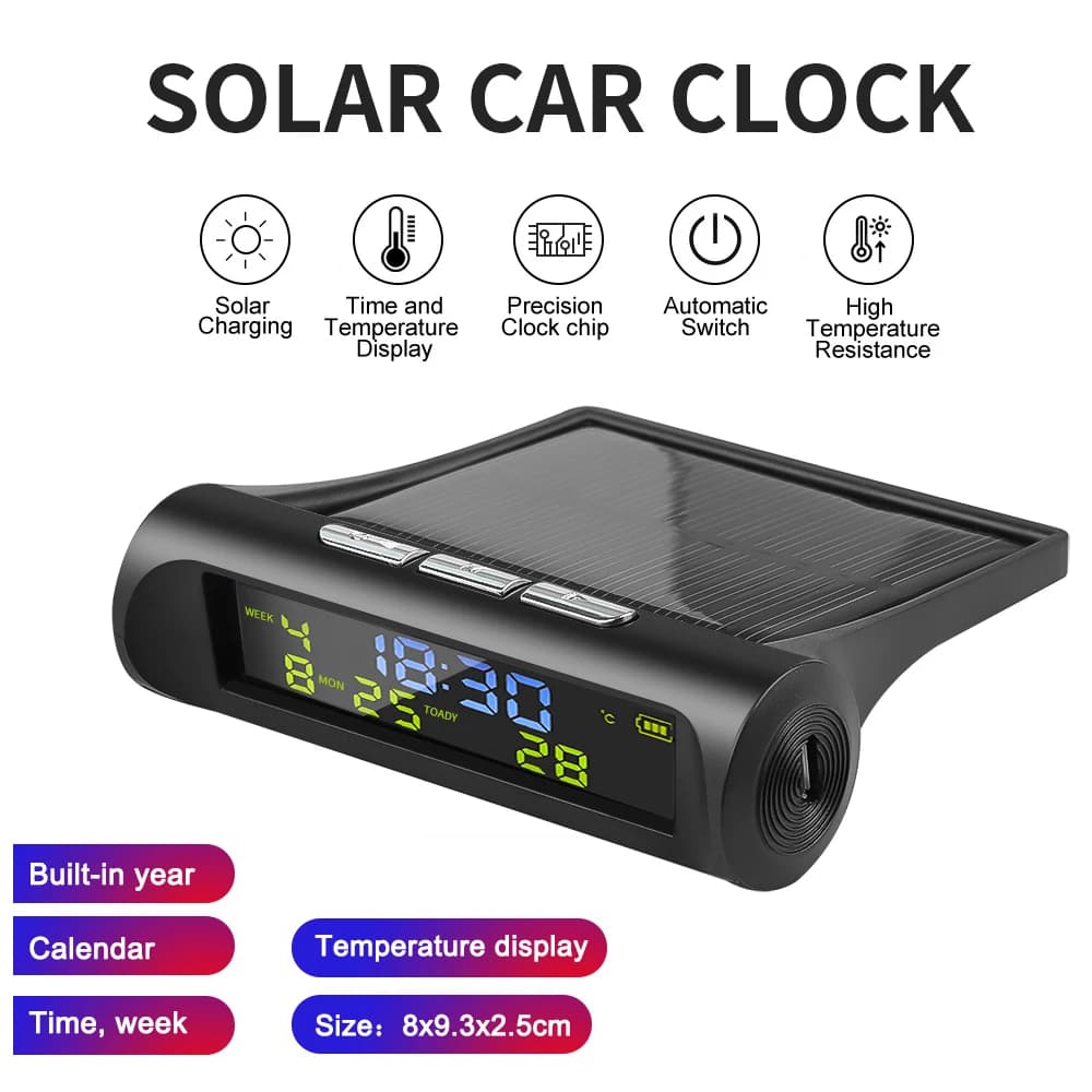 TPMS Look Orologio digitale per auto solare con visualizzazione della temperatura dell'auto con data e ora LCD per la decorazione personale di parti di auto all'aperto