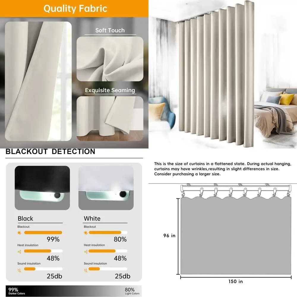 Ceiling mounted beige track sliding curtain for divider, 150x96