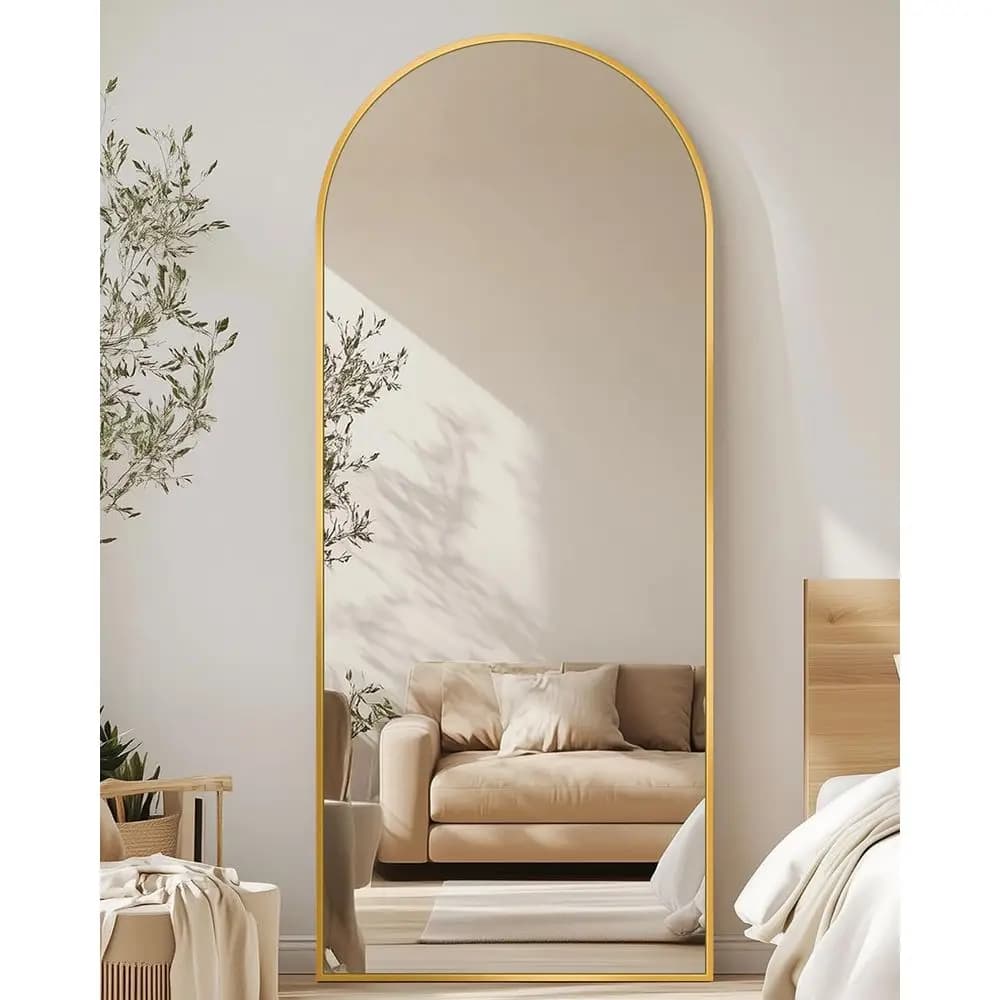 Specchio ad Arco a Figura Intera, 56x15, Cornice in Metallo Dorato, Specchio da Terra per Camera da Letto e Soggiorno, Autoportante o da Parete
