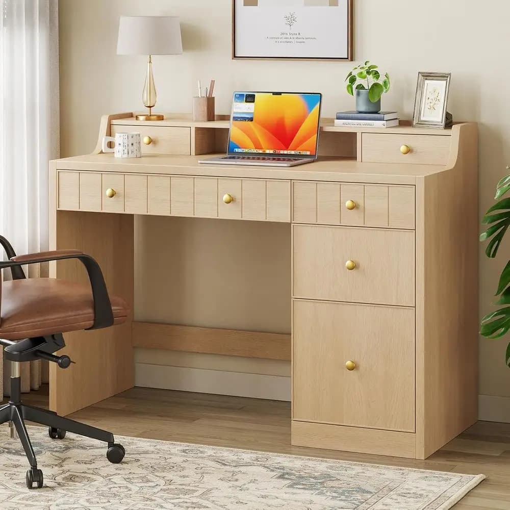 Oice Desk with Ders, 47" Wide Small Desk with ile Der, Study Table Wood Writing Desk with Long Monitor Stand or Bedroom,Home Oic