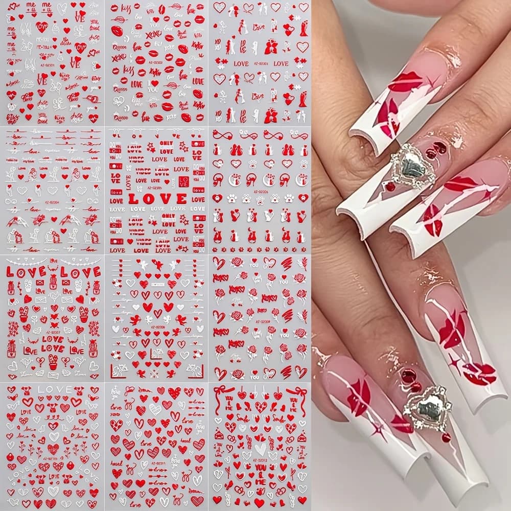 Set di 7 adesivi per unghie assortiti casualmente per San Valentino, adesivi per unghie impermeabili, decorazioni romantiche per unghie per San Valentino, adesivi per labbra e coppie romantiche, adatti per nail art fai da te