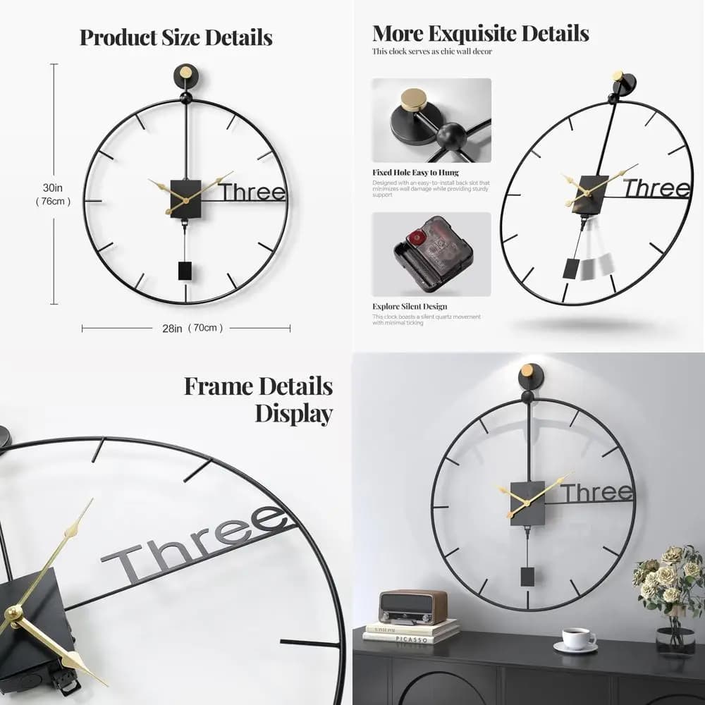 Silent Wall Clock Metal 30 Inch Battery, Ideal for Living, Bedroom, Office or Kitchen