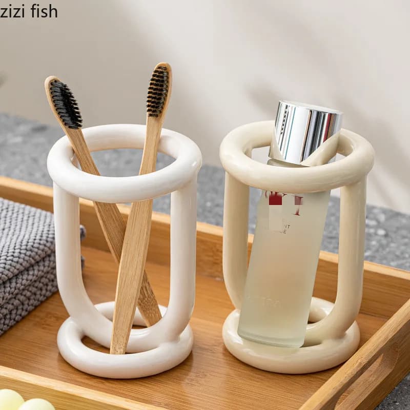 Portaspazzolino in Ceramica, Scaffale da Bagno, Porta Dentifricio, Organizzatore per Prodotti da Bagno, Scaffale da Scrivania