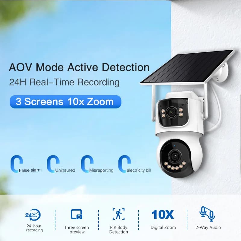Telecamera IP Dome PTZ Wireless 4MP con Doppia Lente, Schermo Triplo, Zoom 10X, Alimentazione Solare, Visione Notturna a Colori, Rilevamento AI Umanoide, Monitoraggio Bambini, Compatibile con App iCsee