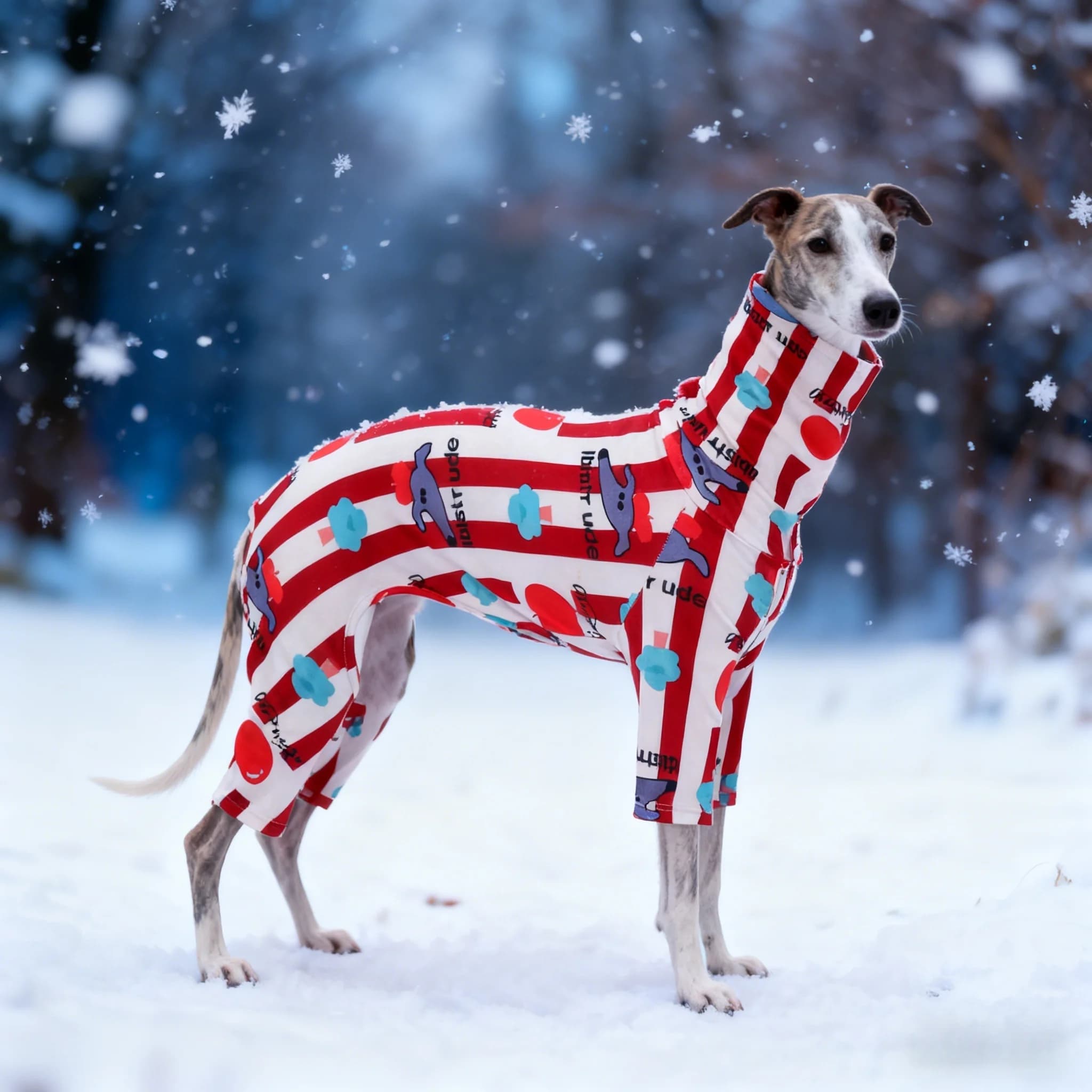 Cartoon Print Striped Dog Onesies High Collar Warm Pet Jumpsuit Winter Dog Pajamas For Whippet Italian Greyhound Sighthound Dogs