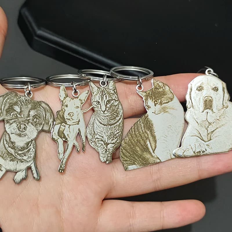 Personalized Keyring with Cane Photos or Cat Laser Engraved, Stainless Steel Pendant with Cute Animal Design, Gift Jewelry