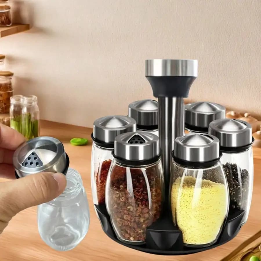 360° Rotating Spice Rack Tower Set With 6/12 Glass Refill Containers, Single And Double Seasoning Storage, Suitable For Kitchen Countertop Accessories, Shelves