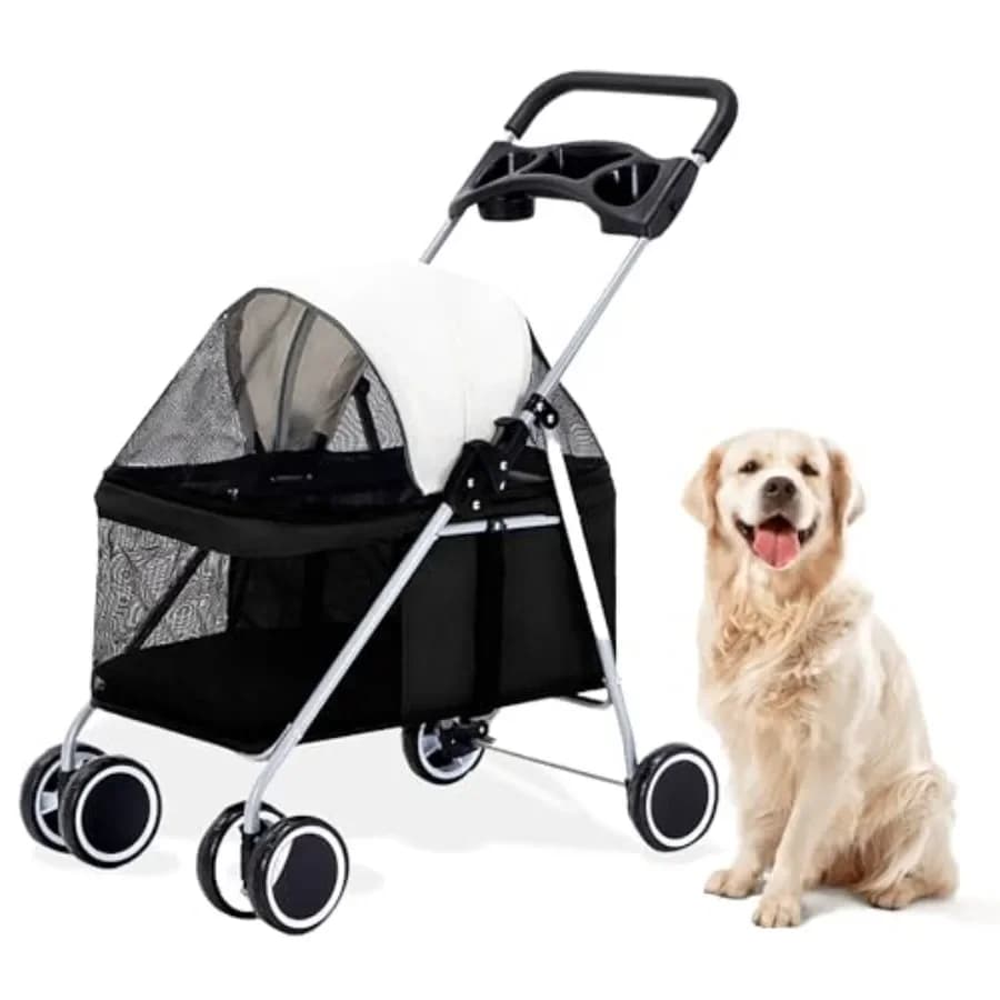 Passeggino per animali domestici Critter Sitters per viaggi, escursioni e trasporto: carrello singolo a 4 ruote in tessuto resistente nero, con supporto.