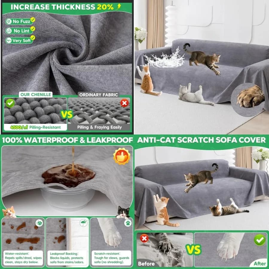 Cat Scratch Furniture Protector - Anti-Slip, Waterproof Sofa Cover to Keep Cats Off, Pet-Friendly Couch Protectors for 3 Cushio