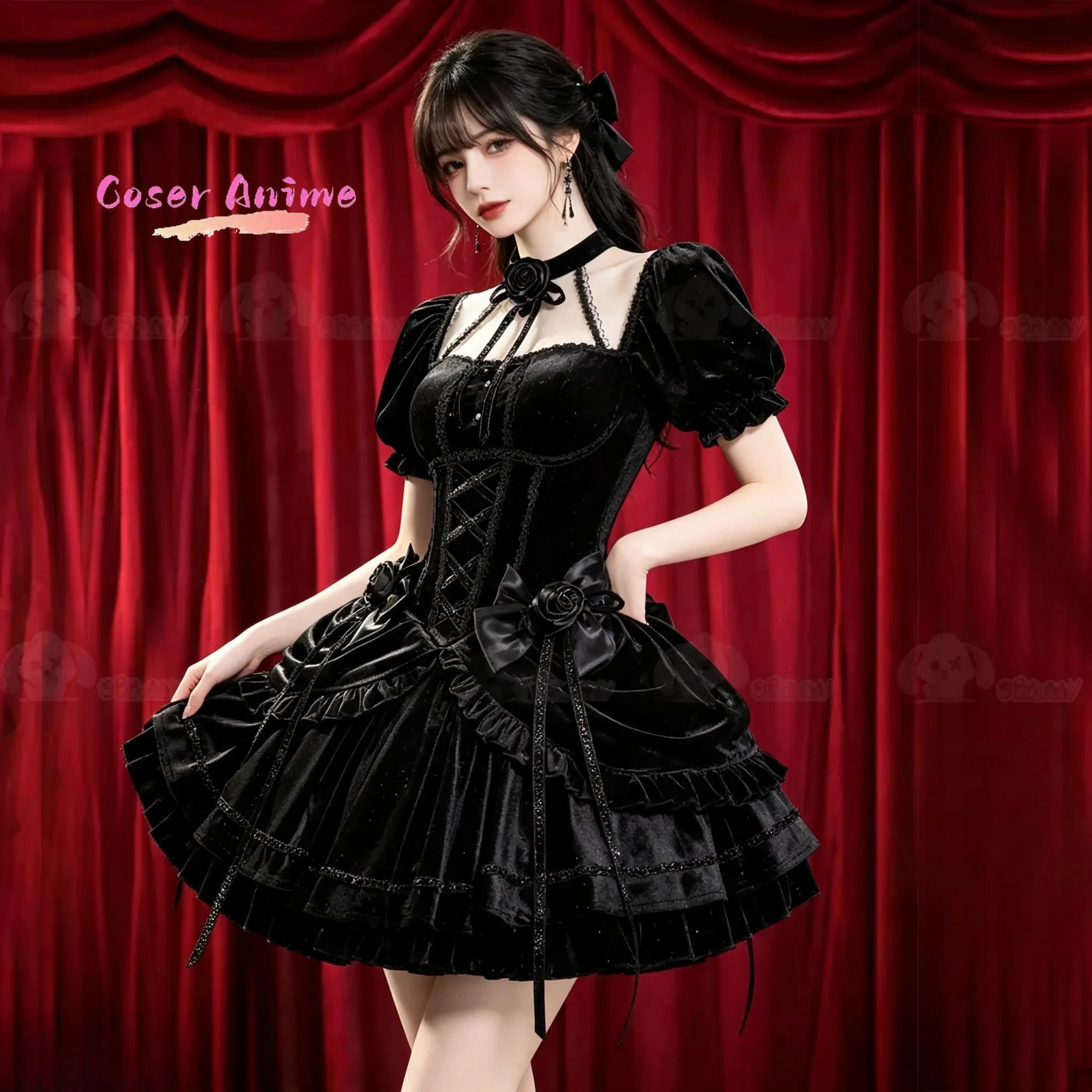 Original Rose Puppy Doll‑like Gothic Lolita Skirt, Halloween Cosplay Dress