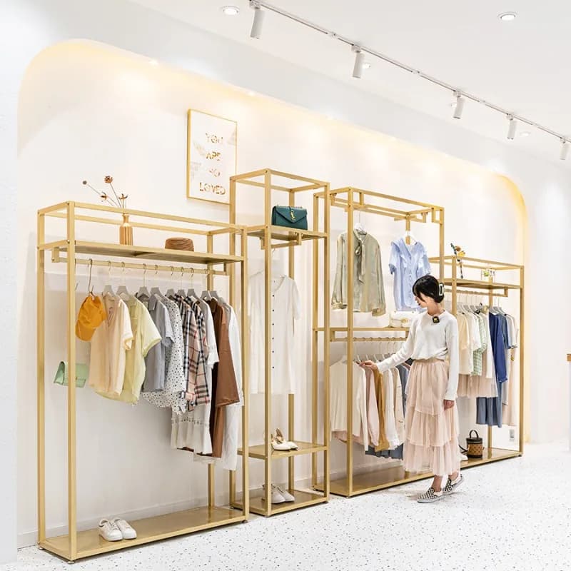 Espositori speciali per negozi di abbigliamento femminile, scaffali per vestiti, appendiabiti dorati, scaffali a doppio strato